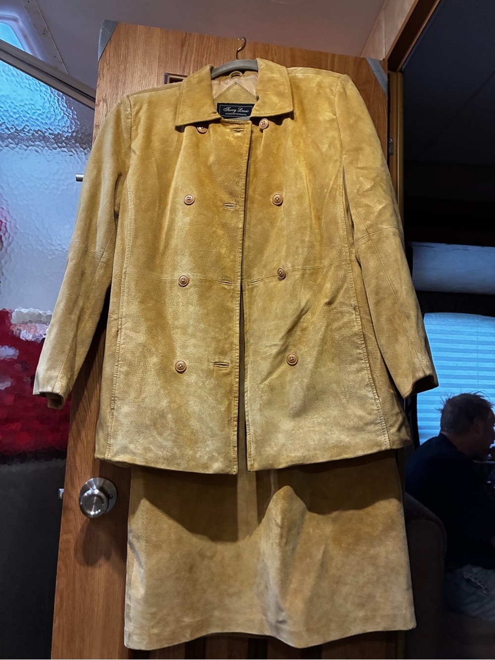 Terry Lewis Suede Double-Breasted Women’s Jacket in Mustard Yellow & skirt